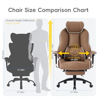 DJ·Wang Big and Tall Office Chair with Foot Rest, High Back Executive Office Chair PU Leather, Ergonomic Chairs with Lumbar Support, 135° Reclining Chairs with Thickened Spring Cushion Brown - color: Pu Brown
