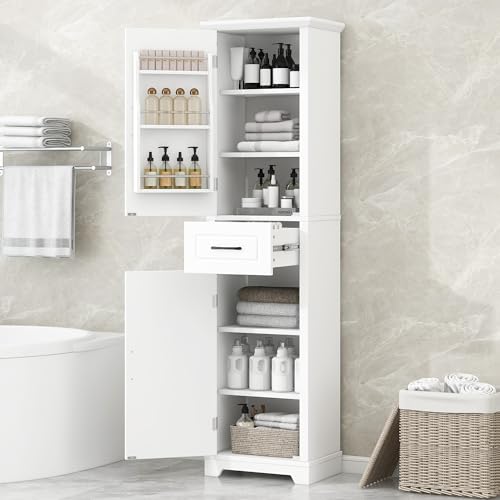 Bathroom Tall Storage Cabinet, Floor Freestanding Storage Cabinet with 2 Doors, One Drawer, Door Shelve Design, and Adjustable Shelf for Bathroom, Office, Multi-Use Organizer, White - color: White/Door Shelve