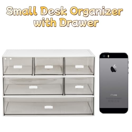 Lyellfe 3 Tier Small Desk Organizer with 6 Drawer, Stackable Desktop Storage Box, Portable Size Office Supplies Jewelry Storage Case, Makeup and Stationary Organizer for Cosmetic, School Supply