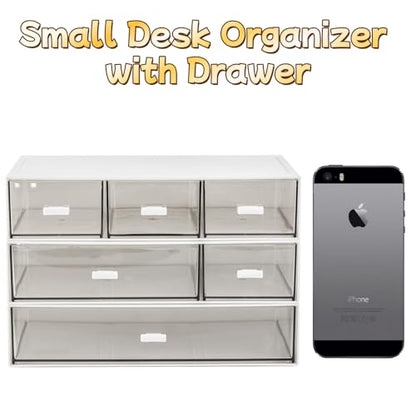 Lyellfe 3 Tier Small Desk Organizer with 6 Drawer, Stackable Desktop Storage Box, Portable Size Office Supplies Jewelry Storage Case, Makeup and Stationary Organizer for Cosmetic, School Supply