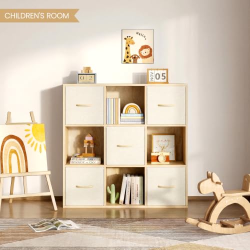 EXPERLAM 9 Cube Storage Organizer - Solid Wood Bookshelf with 5 Storage Bins, Cube Shelf with 3 Removable Back Panels, Vertical or Horizontal Bookcase, Open Book Shelf for Bedroom, Living Room, Office - size: 9 Cube Shelf