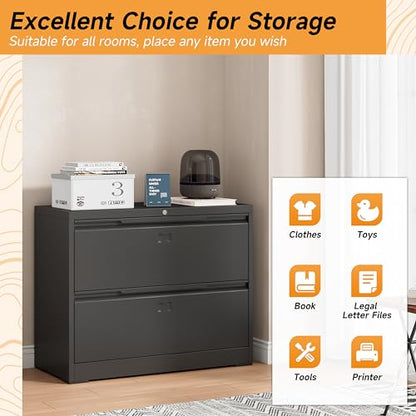 Bestoo 2 Drawer File Cabinet, Metal Lateral Filing Cabinet with Lock - color: Black, size: 2 Drawer 15.7" D x 35.4" W x 28" H