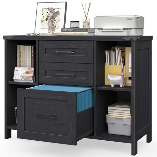 Vabches File Cabinet with 3 Drawers, Farmhouse Lateral File Cabinet Fits Files Letter/A4 Size, Wooden Filing Cabinet with Adjustable Shelves Printer Stand for Home Office, Black - color: Black