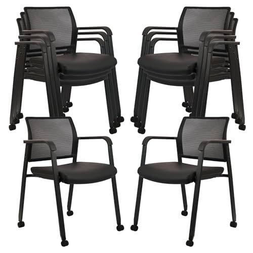 CLATINA Stacking Office Chair with Wheels, Mesh Back Waiting Room Guest Chairs with Arms Comfortable Leather Cushion Stackable Desk Chair for Conference Reception School, Black, 8 PK