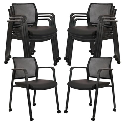 CLATINA Stacking Office Chair with Wheels, Mesh Back Waiting Room Guest Chairs with Arms Comfortable Leather Cushion Stackable Desk Chair for Conference Reception School, Black, 8 PK