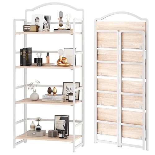 JSB 4 Tier No Assembly Folding Bookshelf, Arched Bookshelf, Foldable Bookcase for Living Room, Bedroom, Office,Skinny Bookshelf (White) - color: White, size: 4-Tier