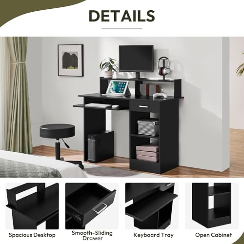 Yaheetech Computer Desk with Keyboard Tray, Drawers, and Shelves, Black | This Desk Has a Pull-Out Keyboard Tray, a Drawer, and an Adjustable Open Shelf for Books, Files, and Home Office Supplies. - color: Black