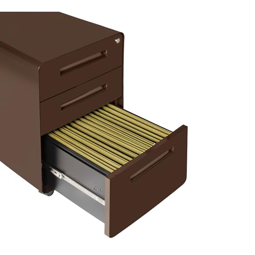 Laura Davidson Furniture Stockpile 3 Drawer File Cabinet with Lock - Under Office Desk Metal Filing Cabinet, Legal/Letter File Folders, Wheels and Stationary Feet, Pre-Assembled, Dark Brown - color: Dark Brown