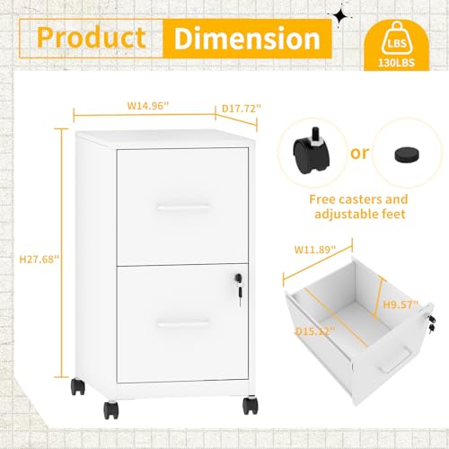 2 Drawer Mobile File Cabinet with Lock, Rolling Metal Filing Cabinet on Wheels, Lockable Under Desk Steel Vertical File Cabinets for Home Office, Letter/Legal/A4/F4, Assembly Required White