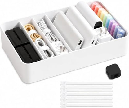 Cable Storage Box with Cable Straps and 6 Magnetic Cable Clips | With 6 Removable Dividers, 7 Cable Ties & 6 Magnetic Clips, Ideal for Chargers, USB Cables & Office Supplies