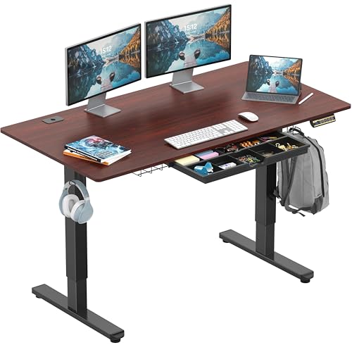 SHW 55 x 28 Electric Height Adjustable Standing Desk w/Drawer, Cherry - color: Cherry, size: 55-Inch