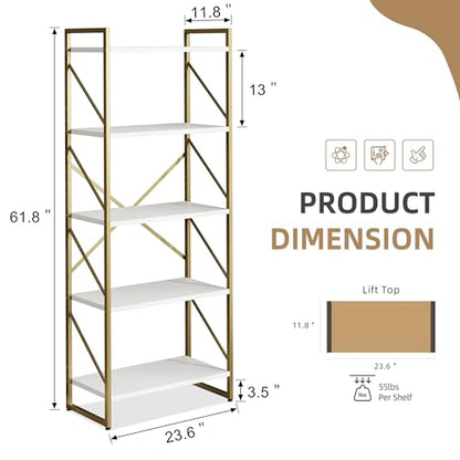 Vongrasig 5 Tier Metal Bookshelf, Narrow Industrial Bookcase, White+Gold - color: White Gold