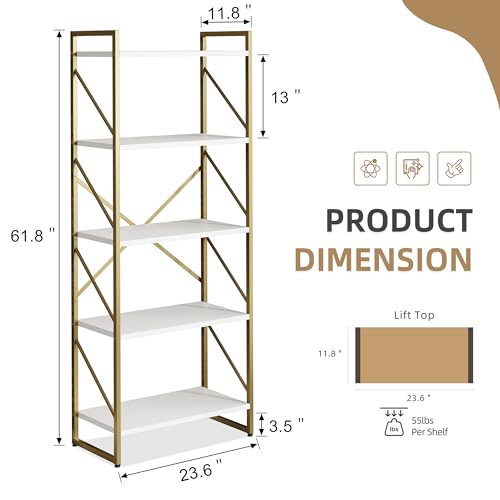 Vongrasig 5 Tier Metal Bookshelf, Narrow Industrial Bookcase, White+Gold - color: White Gold