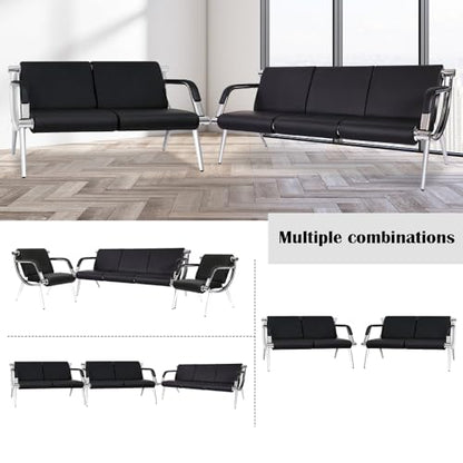 Kinsuite 2-Seat Office Reception Waiting Room Chairs - Guest & Reception Chairs for Salon Barber Bench Airport Bank Hall Visitor Guest Black PU Leather 2 Seat Sofa - size: 2-seat