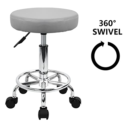 KKTONER PU Leather Round Rolling Stool with Foot Rest Swivel Height Adjustment Spa Drafting Salon Tattoo Work Office Massage Stools Task Chair (Grey) - color: Grey