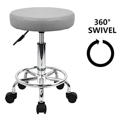 KKTONER PU Leather Round Rolling Stool with Foot Rest Swivel Height Adjustment Spa Drafting Salon Tattoo Work Office Massage Stools Task Chair (Grey) - color: Grey