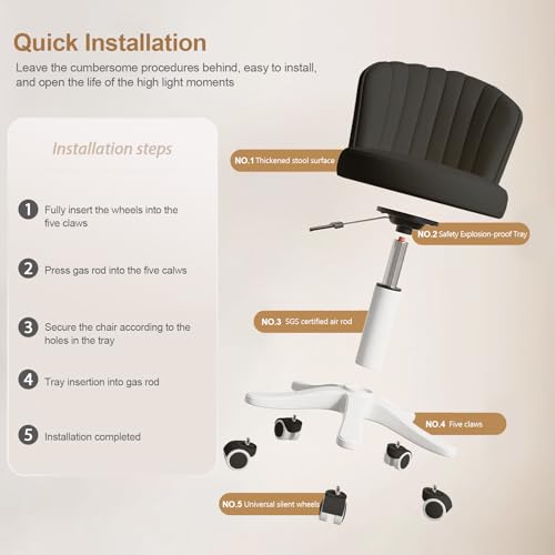 Small Round Rolling Desk Chair Armless Comfy Vanity Computer Chair with Low Backrest PU Leather Height Adjustable Swivel Work Spa Chair - color: Black, style: Set of 1 with backrest