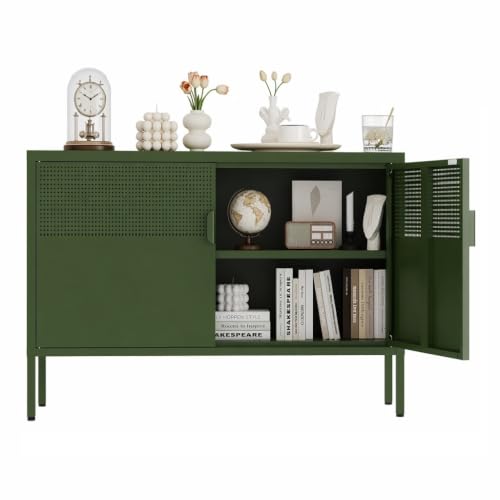 Metal Storage Cabinet,2 Door TV Stand, Metal Mesh Accent Cabinet | Magnetic Door Closure,Low Storage Cabinets with Doors and Shelf for Home,Office,Living Room - color: Green, size: 25"H