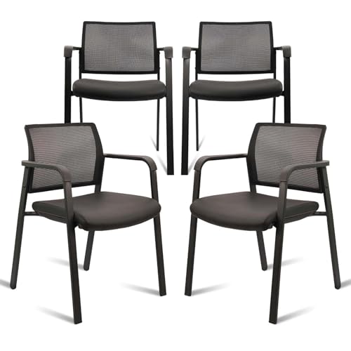 CLATINA Stackable Office Chair, Mesh Back Guest Chairs with Comfortable Leather Seat Arms Stacking Ergonomic Desk Chair No Wheels for Conference Waiting Reception School Stationary, Black, Set of 4 - color: Black Leather, size: 4 pack