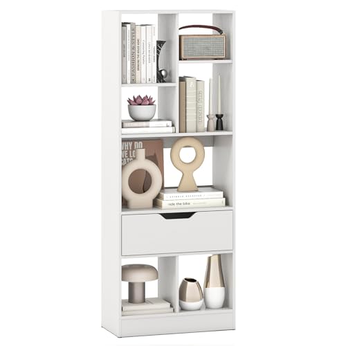 Giantex Bookcase with Drawer, 51" Tall Freestanding Storage Organizer with 7 Cubes, Multifunctional Open Bookshelf Display Rack with Anti-Tipping Kits for Living Room Home Office (White, 6-Tier) - color: White, size: 6-Tier