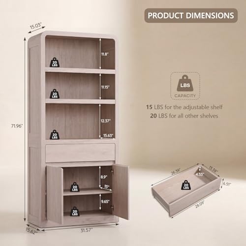 72" Tall Modern Bookshelf with Doors, 5-Tier Large Bookcase w/Drawer, Wooden Storage Cabinet w/Adjustable Shelves, Versatile Book Shelf w/Curved Profile Design for Living Room, Office, Cream - color: Cream