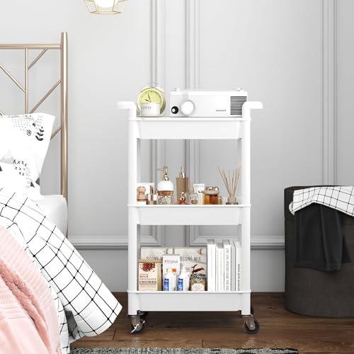 MIOCASA Utility Rolling Cart with Cover Top Board, 3-Tier Kitchen Storage Organization, Art Cart with Wheels for Office, Classroom, Living Room, Kitchen, Bathroom, White, Plastic - size: 3-Tier, style: White
