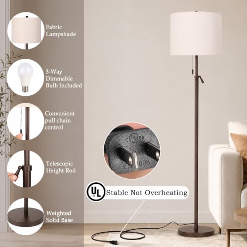61-69" Adjustable Floor Lamp, Tall Standing Lamp, 3Way Bulb, Pull Chain