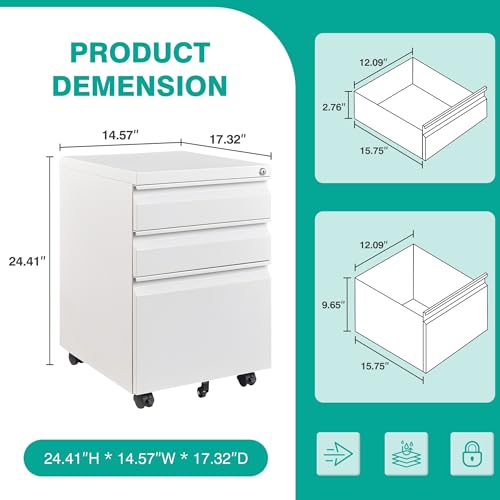 Assembled 3 Drawer File Cabinet with Wheels,Under Desk File Cabinet with Lock,White Rolling Filing Cabinets, Metal Filing Cabinets for Home Office,Fit A4/Letter/Legal,Pre-Assembled Except Caster - color: White, style: 3 Drawer