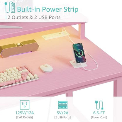 Lufeiya Small Girls Desk with Power Outlets and LED Lights, 32 Inch Gaming Desk Table with Charging Station, Home Office Computer Desks with Monitor, Pink - color: Pink, size: 31.5"