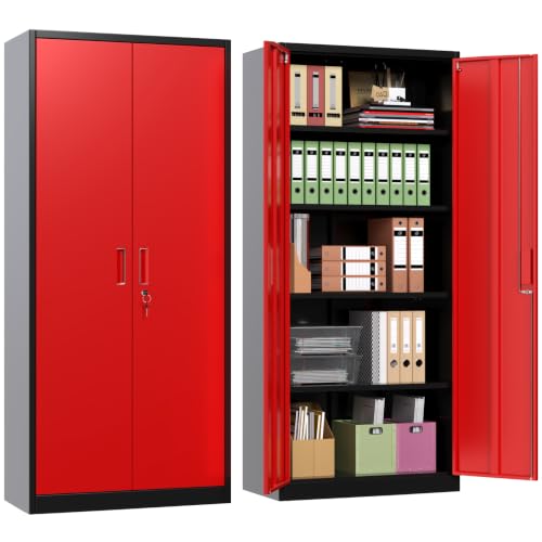 71" H Metal Garage Storage Cabinet,Lockable Steel Storage Cabinet with 4 Adjustable Shelves,Assembly Required, Warehouse,Office,Home, Black&Red - color: Red / Black, size: 15.75" × 31.50" W × 70.87" H.