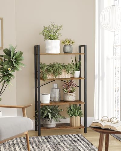 VASAGLE 4-Tier Bookshelf, Bookcase with Steel Frame, Book Shelf for Living Room, Home Office, Study, 11.8 x 26 x 47 Inches, Industrial Style, Rustic Brown and Ink Black ULLS60BX - color: Rustic Brown + Ink Black, size: 4 Tiers (11.8"D x 26"W), style: With