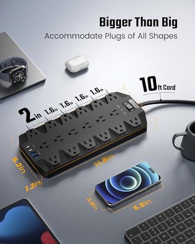 SUPERDANNY 18 AC Power Strip Surge Protector, 10FT, Flat Plug, 1875W/15A - color: Black, size: 10 FT