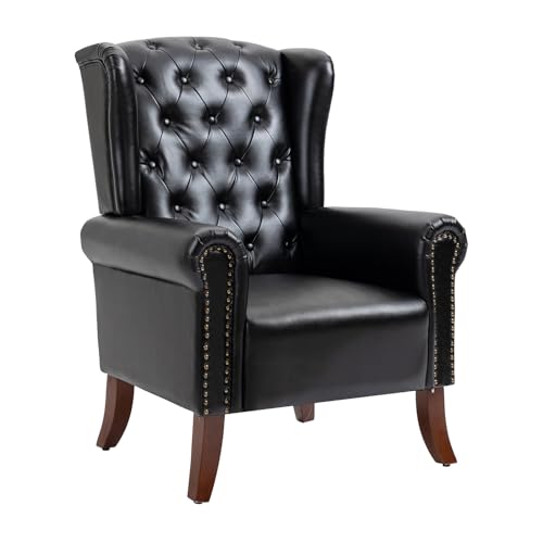 MOJAY PU Leather Accent Chair, Mid-Century Living Room Sofa Chair, Upholstered Arm Chair with Sturdy Wooden Legs, Faux Leather Club Chair for Bedroom Study Home Office Reception (Black) - color: Black, size: Set of 1