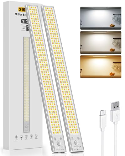 2 Pack Rechargeable Under Cabinet Lighting 16" Motion Sensor Light Indoor | Closet Lights Wireless, 3 Color Temps, Dimmable, 216LED Super Bright, Magnetic Under Counter Lights for Kitchen Stairs Pantry - color: 216LED-16IN, size: 2 Pack