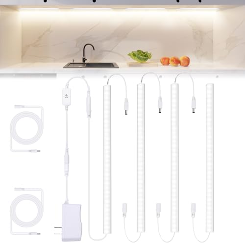 JUSJUBR Under Cabinet Lights Plug-in, 4 Pack x 12inch LED Under Cabinet Lighting, Dimmable Plug-in Light Bar for Desk, Under Kitchen Counter LED Lights with Memory Function, Cold White 6500K - color: Cold White, size: 4*12 Inch
