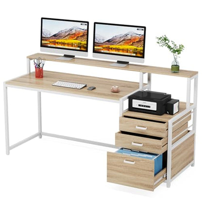 Tribesigns 63 Inch Computer Desk with File Drawer Cabinet, Home Office Desk - color: Walnut