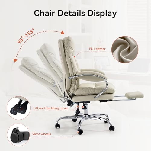 Massage Office Chair with Foot Rest Ergonomic Heated Desk Chairs | High Back PU Leather Massage Recliner with Lumbar Support 155° Reclining Swivel Wheels Computer Chairs for Home Office, White - color: Whtie