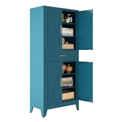 Bevivog 71" Kitchen Pantry Cabinet, Metal Storage Cabinet with Drawer, 2 Doors and 4 Adjustable Shelves Cabinet for Home Office Laundry Living Room Farmhouse Blue Metal Pantry - color: Blue, size: 71"H-Middle Drawer