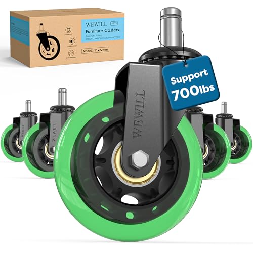 WEWILL Office Chair Wheels - Rubber Casters Replacement Universal Fit 98% Chair(Set of 5) Heavy Duty 3 Inch Smoothly & Quietly Safe for All Floor, Hardwood, Tile, Carpet, Noise Free - Green - color: Deep Green