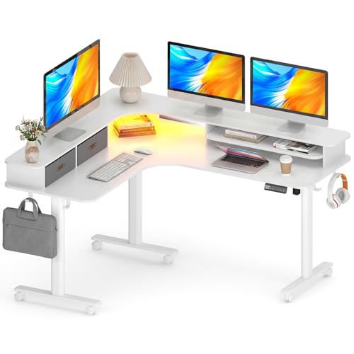 2-Tier L Shaped Electric Standing Desk with Drawers, 63 x 55 Height Adjustable Desk with Memory Controller, Storage, Ergonomic Corner Desk Sit Stand up Computer Table for Home Office, White - color: White, size: 63×55 Inch L-shaped with Drawers