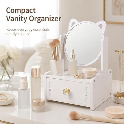 Desktop Makeup Mirror Organizer with Drawers, Compact Vanity Storage Box, Round Mirror, Cosmetic, Skincare and Jewelry