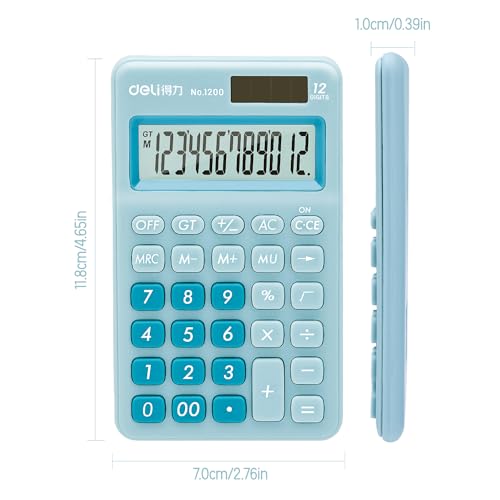Deli Standard Function Basic Calculator, 12 Digit Desktop Calculator with Large LCD Display, Solar Battery Dual Power Office Calculators, Blue - color: Blue