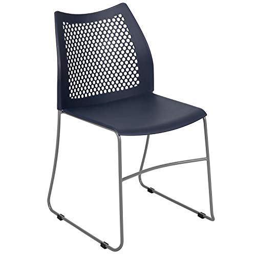 EMMA + OLIVER Home and Office Navy Sled Base Stack Chair with Air-Vent Back - color: Navy