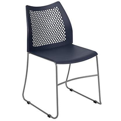 EMMA + OLIVER Home and Office Navy Sled Base Stack Chair with Air-Vent Back - color: Navy