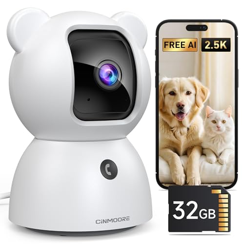 4MP Camera for Home Security, Free 32GB SD Card, Non-Subscription AI Human/Pet/Crying Detection, 2.5K Dog Cat Pet Camera with Phone APP, 360° Coverage, 2-Way Talk, IR Night Vision, 2.4G WiFi - style: 2.5K Camera with 32GB Card
