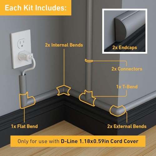 D-Line Medium Cable Raceway Accessory Pack, Join 1.18in x 0.59in Cord Cover Lengths, 10 Accessories Included, Hide Cords Around a Variety of Angles - Gray - color: Gray, size: 1.18x0.59in - 10 Accessories