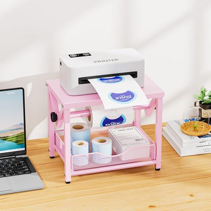Marbrasse Label Holder for Rolls and Fanfold Labels, Metal Thermal Label Printer Holder with Drawer, Shipping Label Stand,Sticker Roll Holder for Home, Office, Small Business,Pink - color: Pink