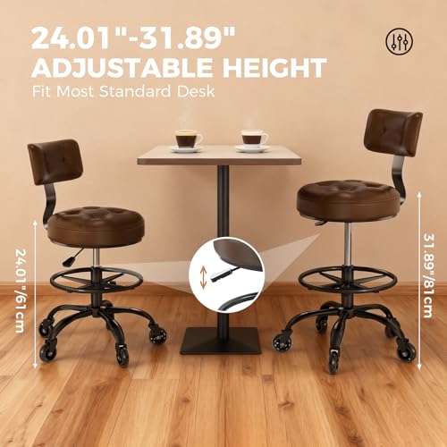Office Drafting Chair with Footrest, Tall Height Adjustable Stool with Back Support, Heavy Duty Rolling Stool Chair with Wheels for Office Home Kitchen Bar Shop Guitar Studio Vanity, Brown - color: Brown