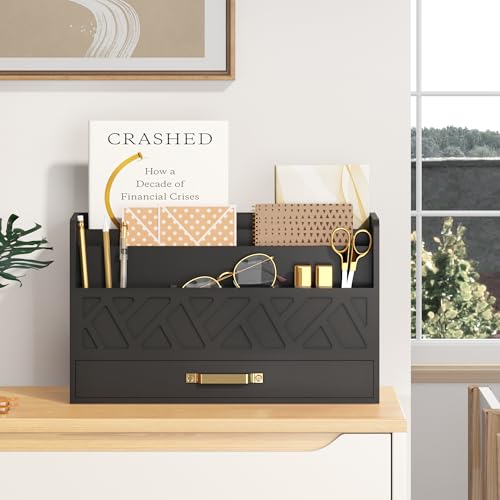 Bamboo Mail Organizer Countertop Pen Holder Wooden Desktop Storage Drawers | Wood Desk Drawer,Letter Sorter,Makeup Organizer,Bill Mail Organizer,5 Slot Desk File Organizer for School Home Office Supplie - color: Black