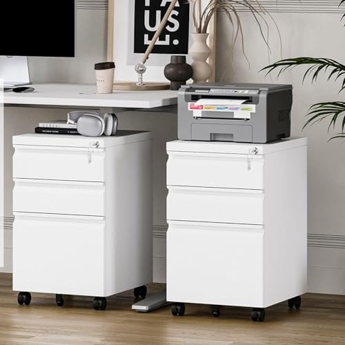 Guizeeopo 3 Drawer File Cabinet with Lock, File Cabinets for Home Office,Under Desk Cabinet, Locking File Cabinet for A4/Letter/Legal, Fully Assembled Expect Casters, Matte White - color: 01-a White